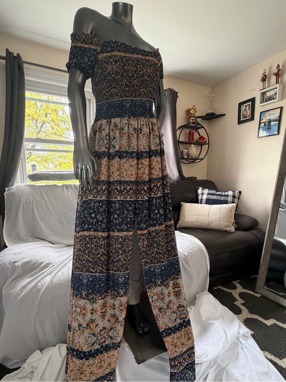 Tularosa Navy and Cream Off-Shoulder Tiered Maxi Dress